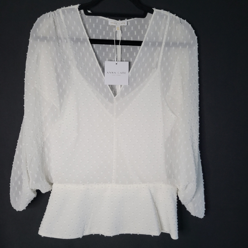 Anna Cate V-Neck Swiss Dot Blouse, Adjustable & Removable Lining. 100% Polyeste